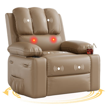 Garvee Oversized 27" Recliner Chairs with Heat and Massage, 360° Swivel Lazy Boy Recliner Chair for Adults, Manual Rocking Chair with Cup Holder for Living Rooms, Bedrooms and Nurseries, Tan
