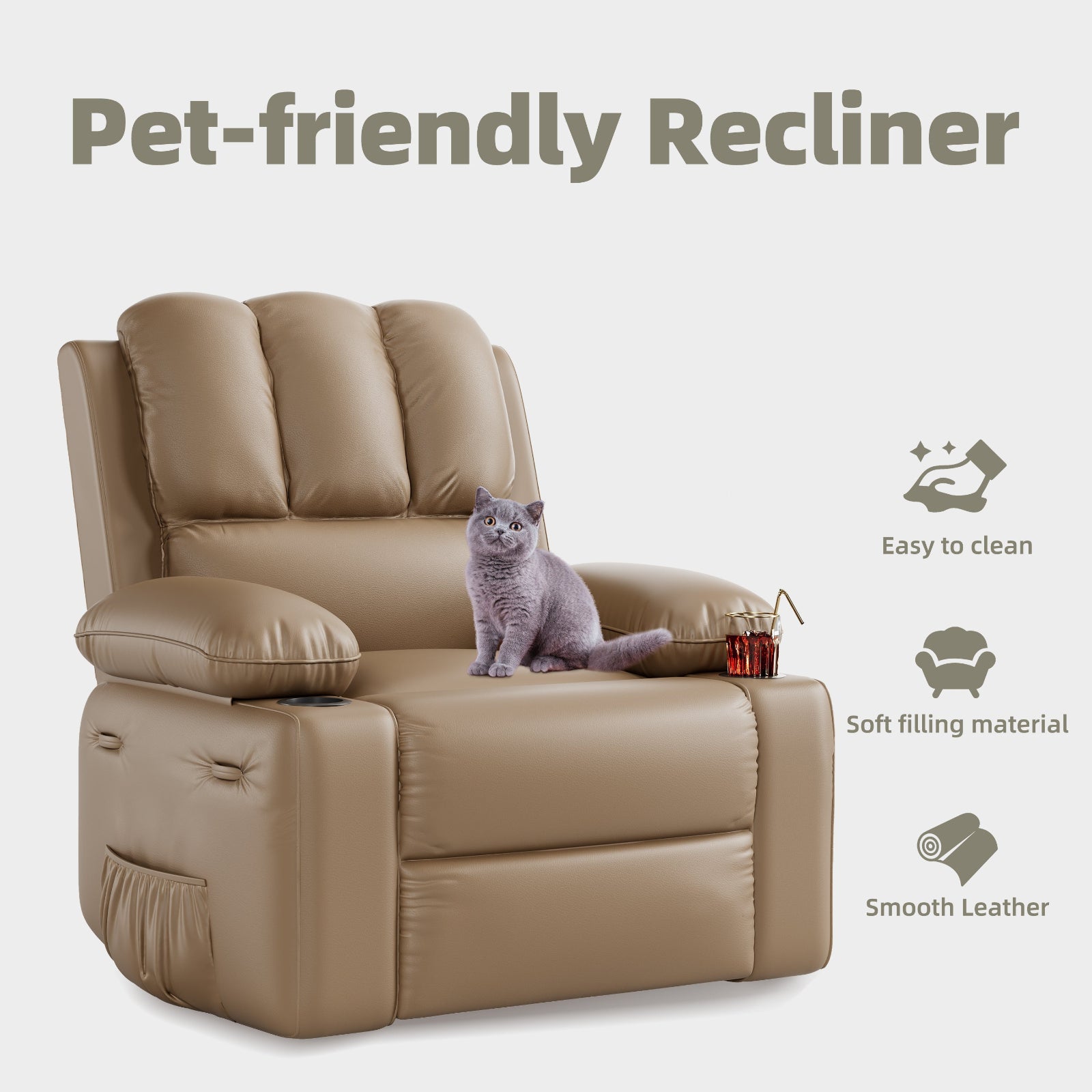 Garvee Recliner Chairs with Heat and Massage, 360° Swivel Lazy Recliner Chair for Elderly, Ergonomic Rocking Chair with Cup Holder for Living Rooms, Bedrooms and Nurseries - Tan