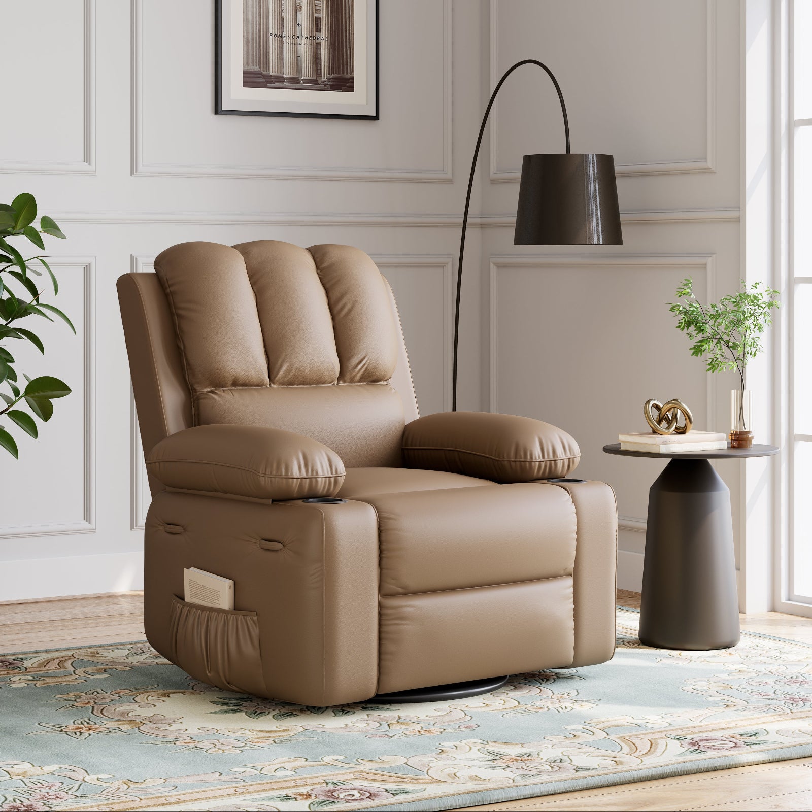 Garvee Recliner Chairs with Heat and Massage, 360° Swivel Lazy Recliner Chair for Elderly, Ergonomic Rocking Chair with Cup Holder for Living Rooms, Bedrooms and Nurseries - Tan