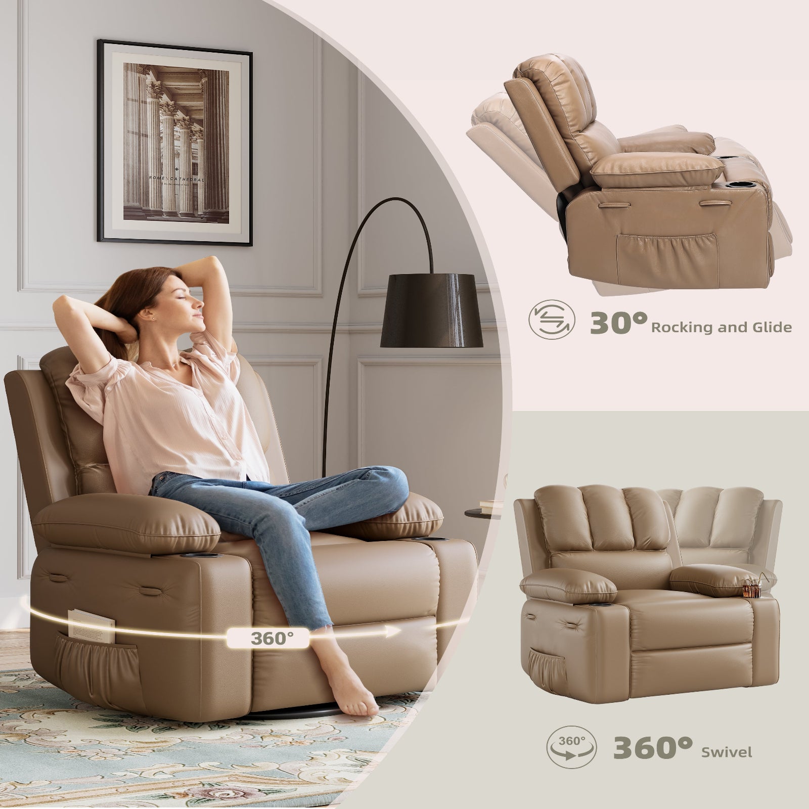 Garvee Recliner Chairs with Heat and Massage, 360° Swivel Lazy Recliner Chair for Elderly, Ergonomic Rocking Chair with Cup Holder for Living Rooms, Bedrooms and Nurseries - Tan