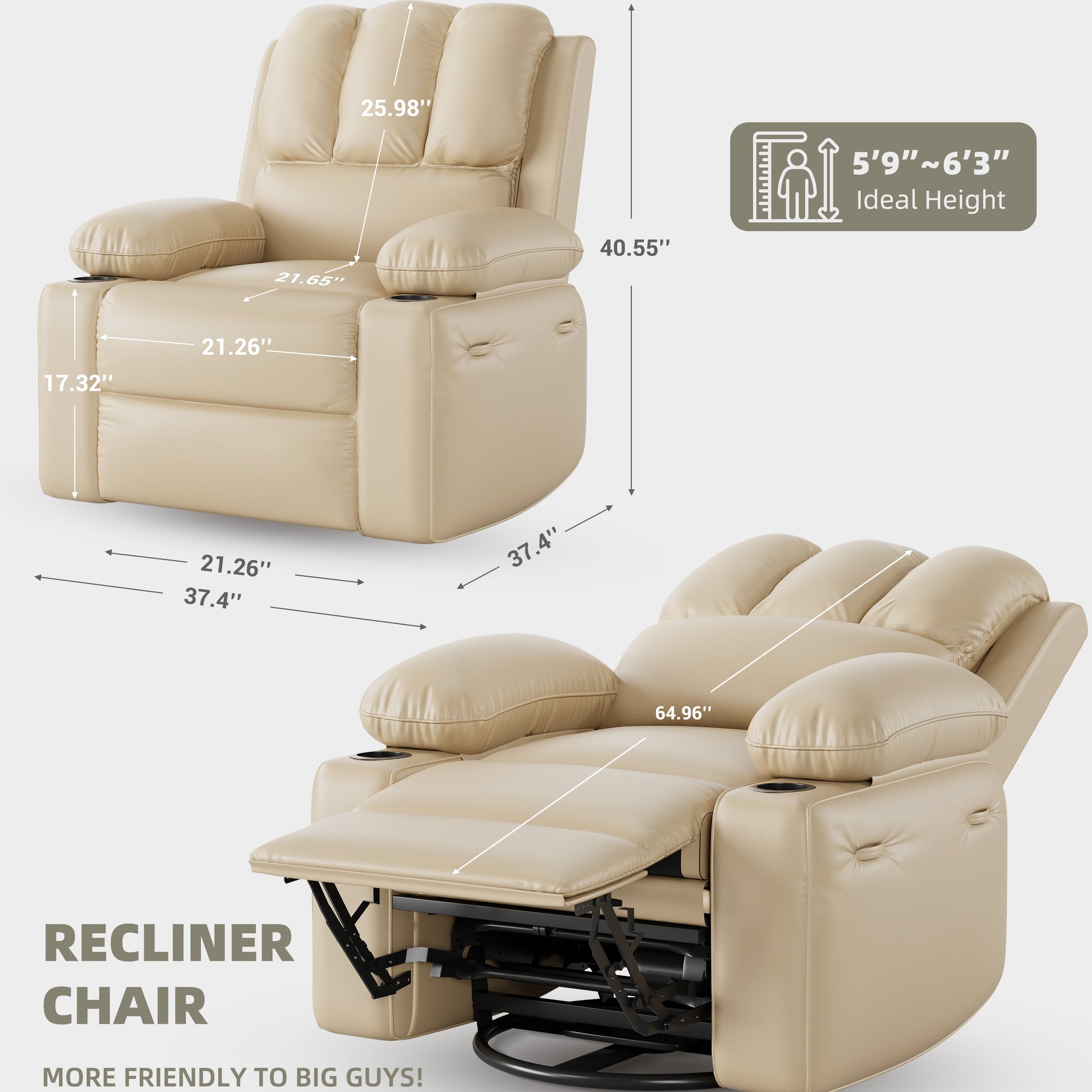 Garvee Recliner Chairs with Heat and Massage, 360° Swivel Lazy Recliner Chair for Elderly, Ergonomic Rocking Chair with Cup Holder for Living Rooms, Bedrooms and Nurseries - Beige