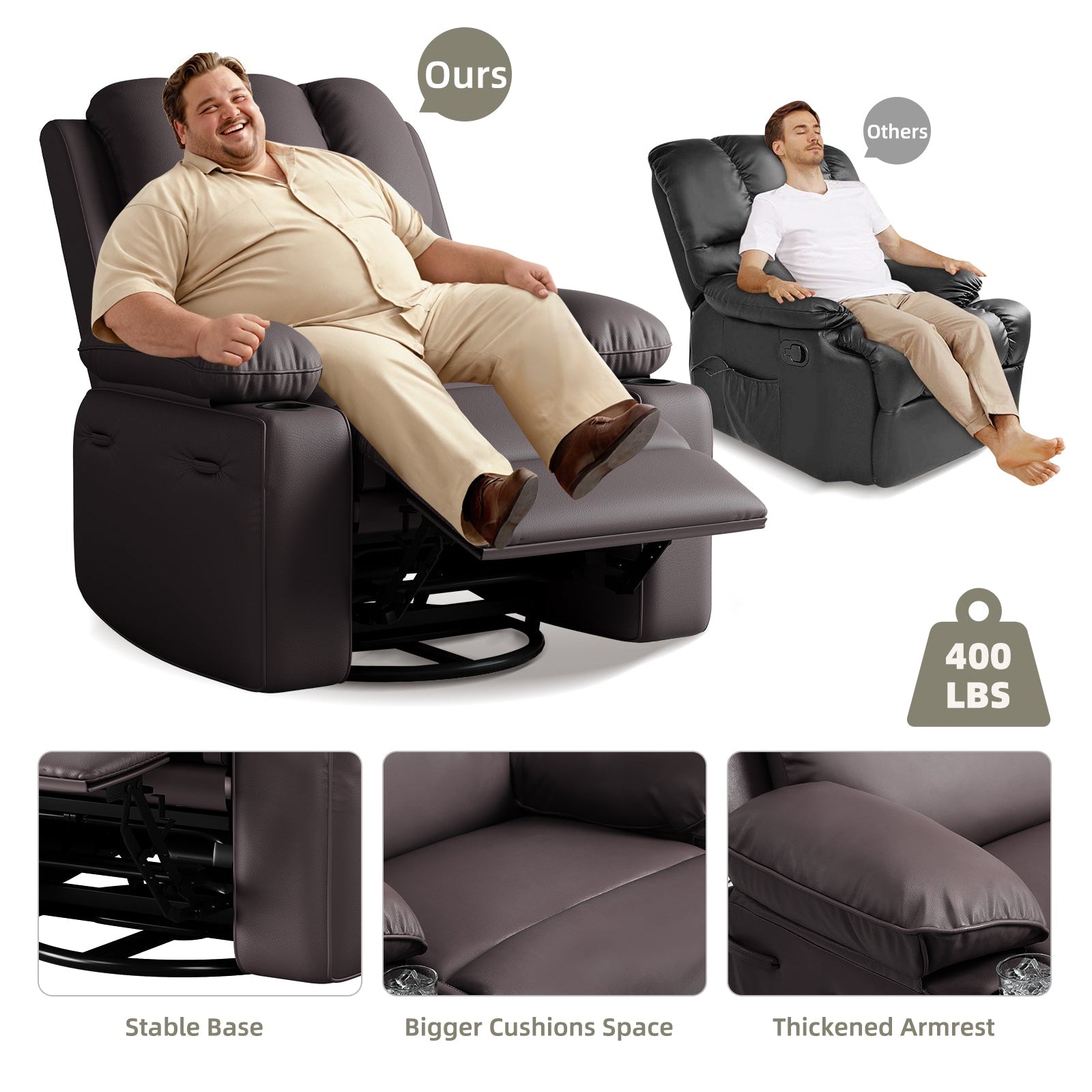 Garvee Oversized Recliner Chairs with Heat and Massage - 360° Swivel Lazy Boy Recliner Chair for Adults- Manual Rocking Chair with Cup Holder for Living Rooms, Bedrooms and Nurseries - Coffe