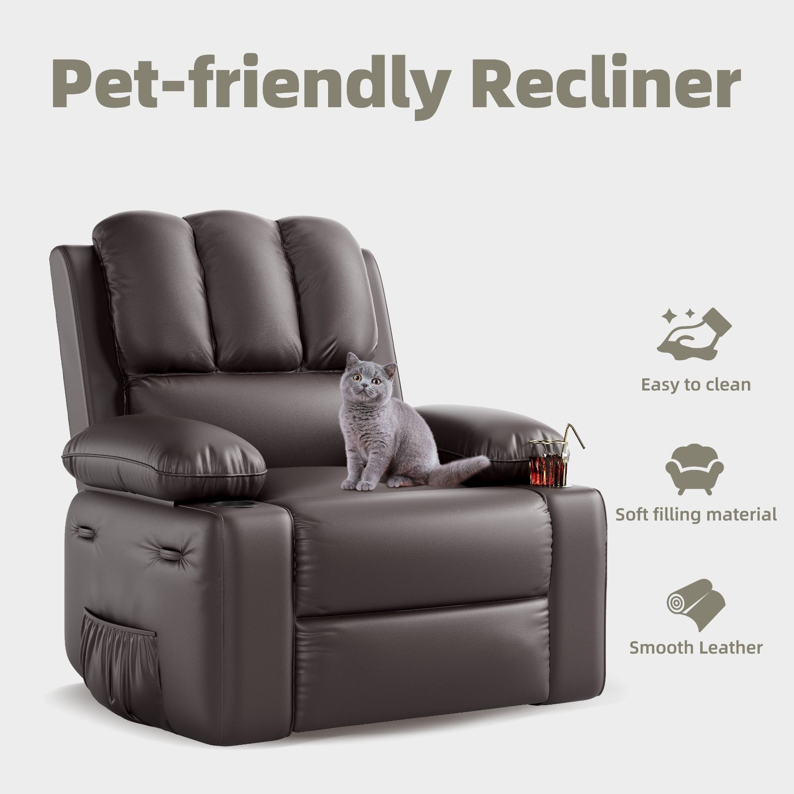 Garvee Oversized Recliner Chairs with Heat and Massage - 360° Swivel Lazy Boy Recliner Chair for Adults- Manual Rocking Chair with Cup Holder for Living Rooms, Bedrooms and Nurseries - Coffe