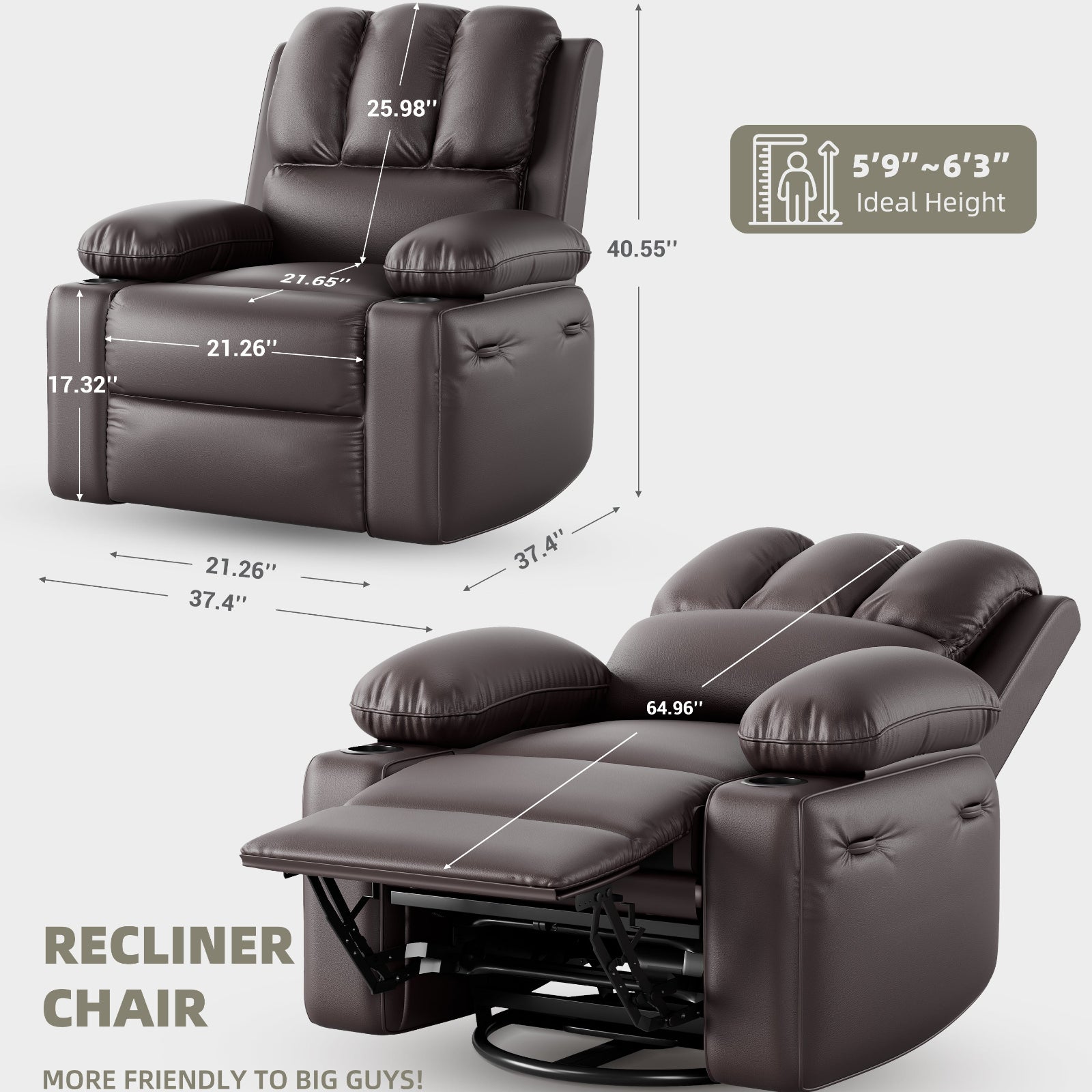 Garvee Oversized Recliner Chairs with Heat and Massage - 360° Swivel Lazy Boy Recliner Chair for Adults- Manual Rocking Chair with Cup Holder for Living Rooms, Bedrooms and Nurseries - Coffe