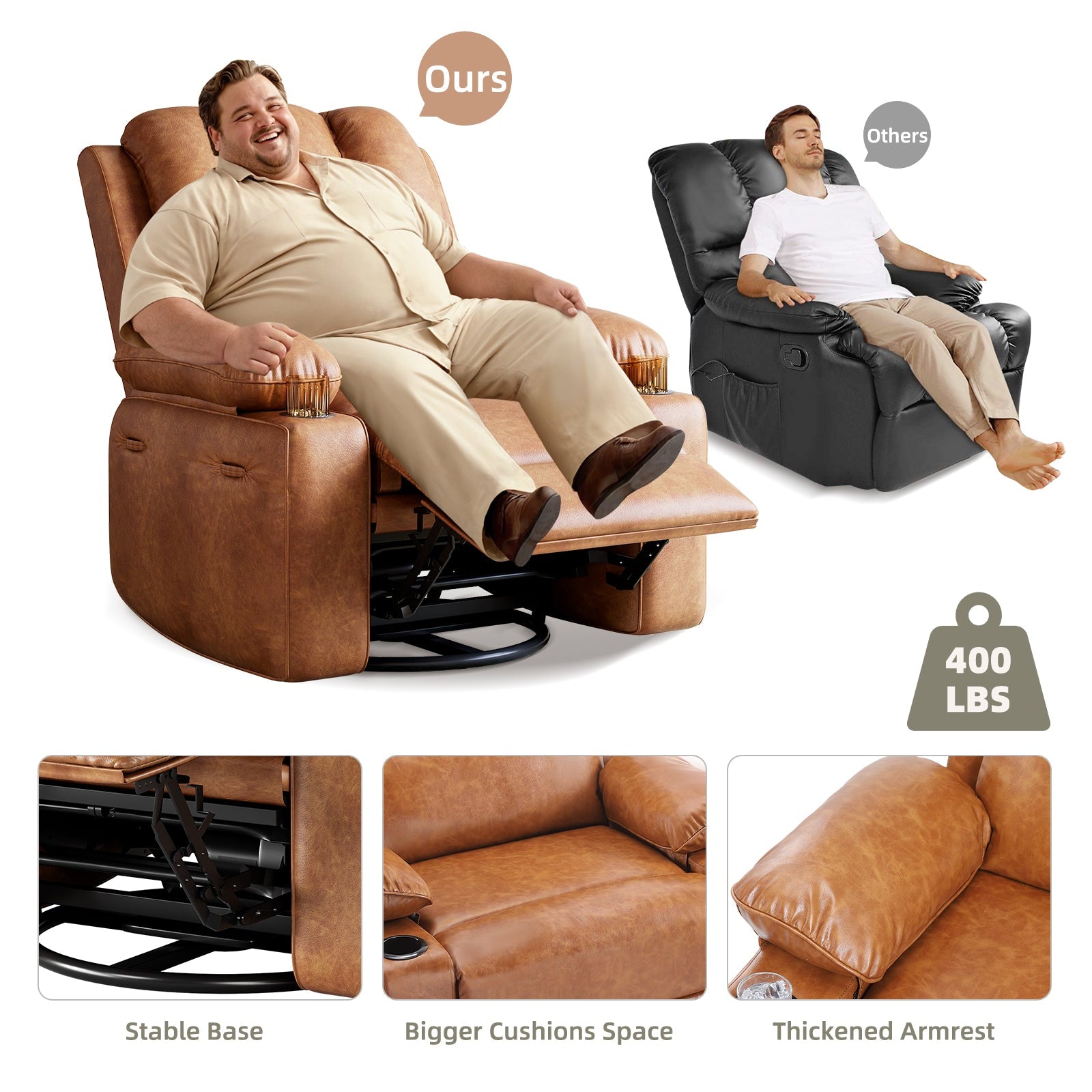 Garvee Oversized Recliner Chairs with Heat and Massage - 360° Swivel Lazy Boy Recliner Chair for Adults- Manual Rocking Chair with Cup Holder for Living Rooms, Bedrooms and Nurseries - Retro Brown