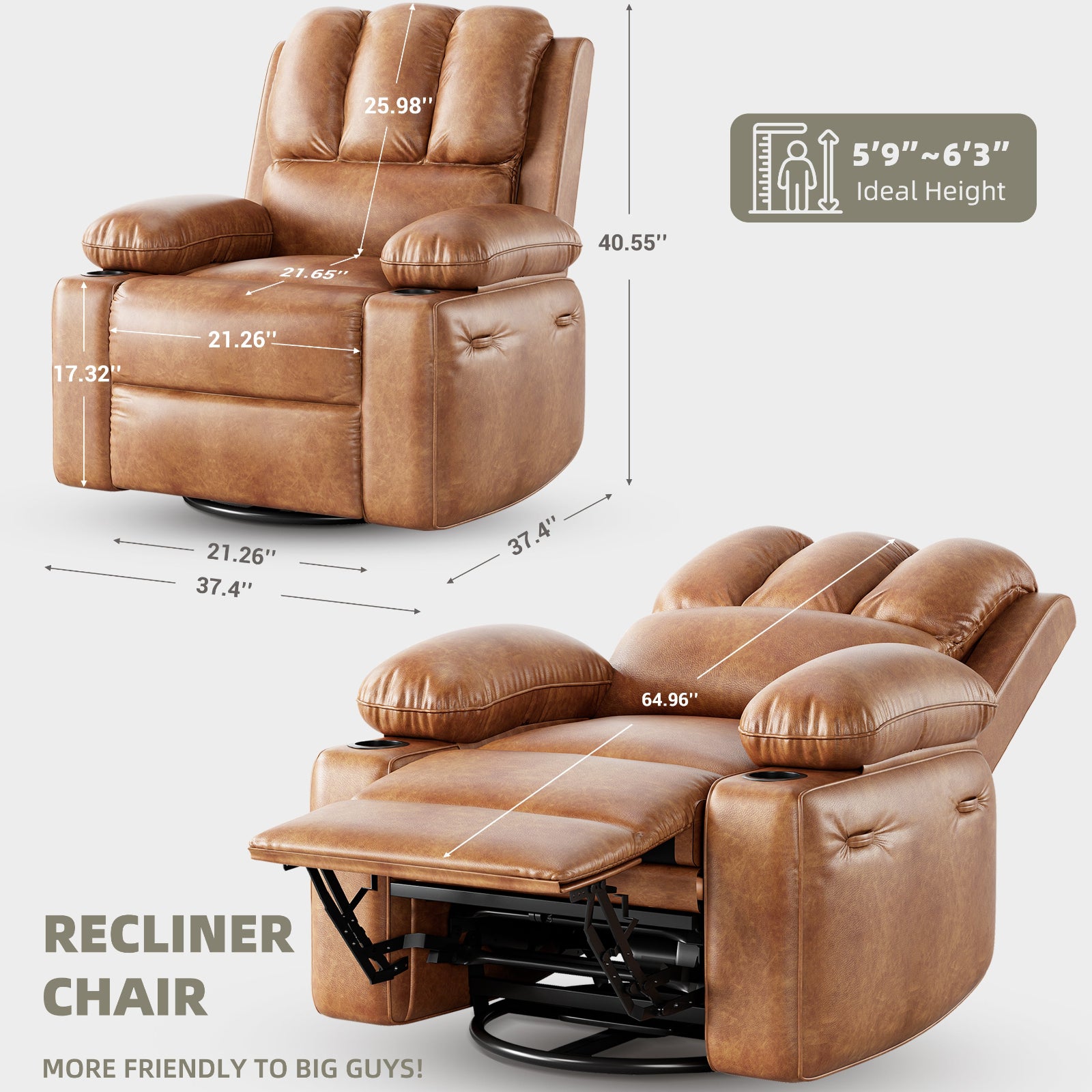 Garvee Oversized Recliner Chairs with Heat and Massage - 360° Swivel Lazy Boy Recliner Chair for Adults- Manual Rocking Chair with Cup Holder for Living Rooms, Bedrooms and Nurseries - Retro Brown