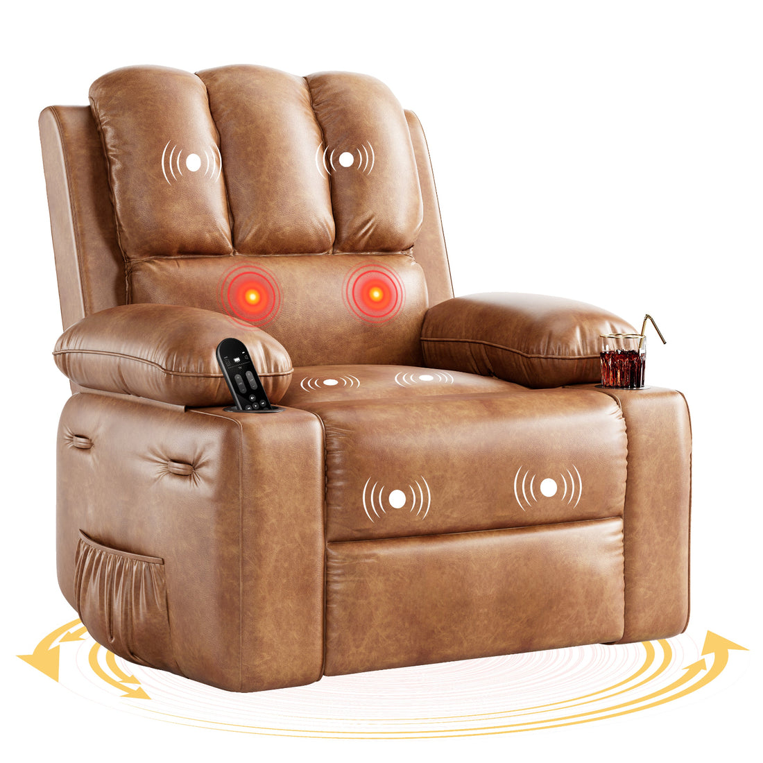 Garvee Oversized Recliner Chairs with Heat and Massage - 360° Swivel Lazy Boy Recliner Chair for Adults- Manual Rocking Chair with Cup Holder for Living Rooms, Bedrooms and Nurseries - Retro Brown