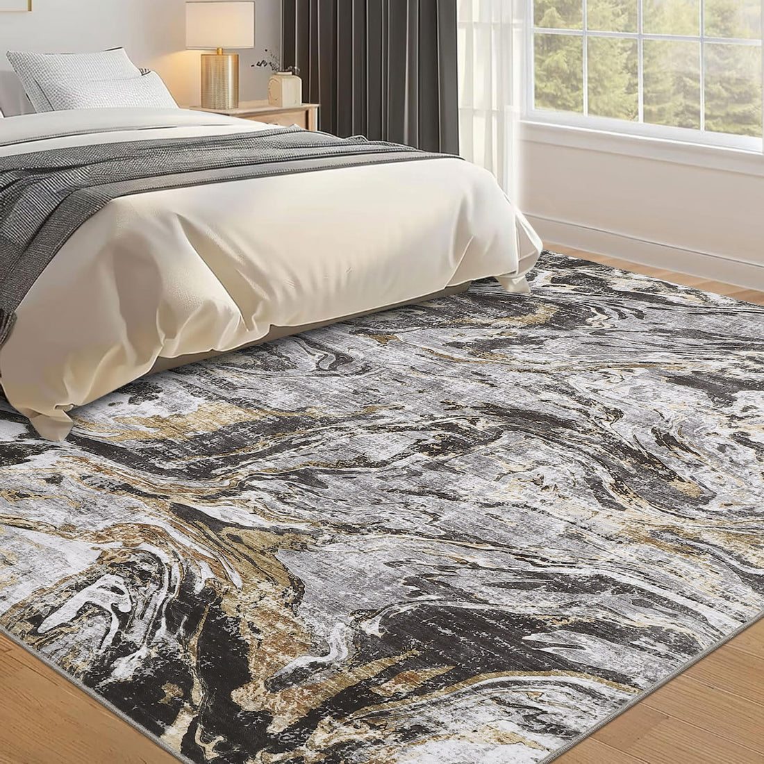 Garvee Machine Washable Area Rug 9x12 Large Living Room Rug, Non Slip Modern Abstract Floor Carpet, Low Pile Foldable Rug, Soft Rug for Bedroom, Nursery, Dining Room, Gray
