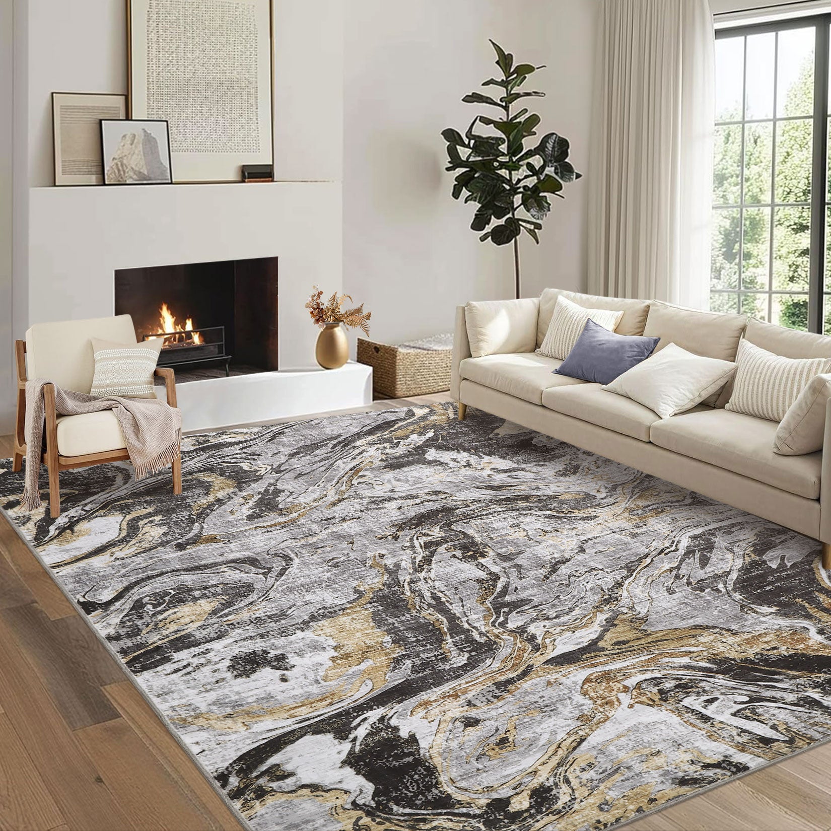 Garvee Machine Washable Area Rug 9x12 Large Living Room Rug, Non Slip Modern Abstract Floor Carpet, Low Pile Foldable Rug, Soft Rug for Bedroom, Nursery, Dining Room, Gray