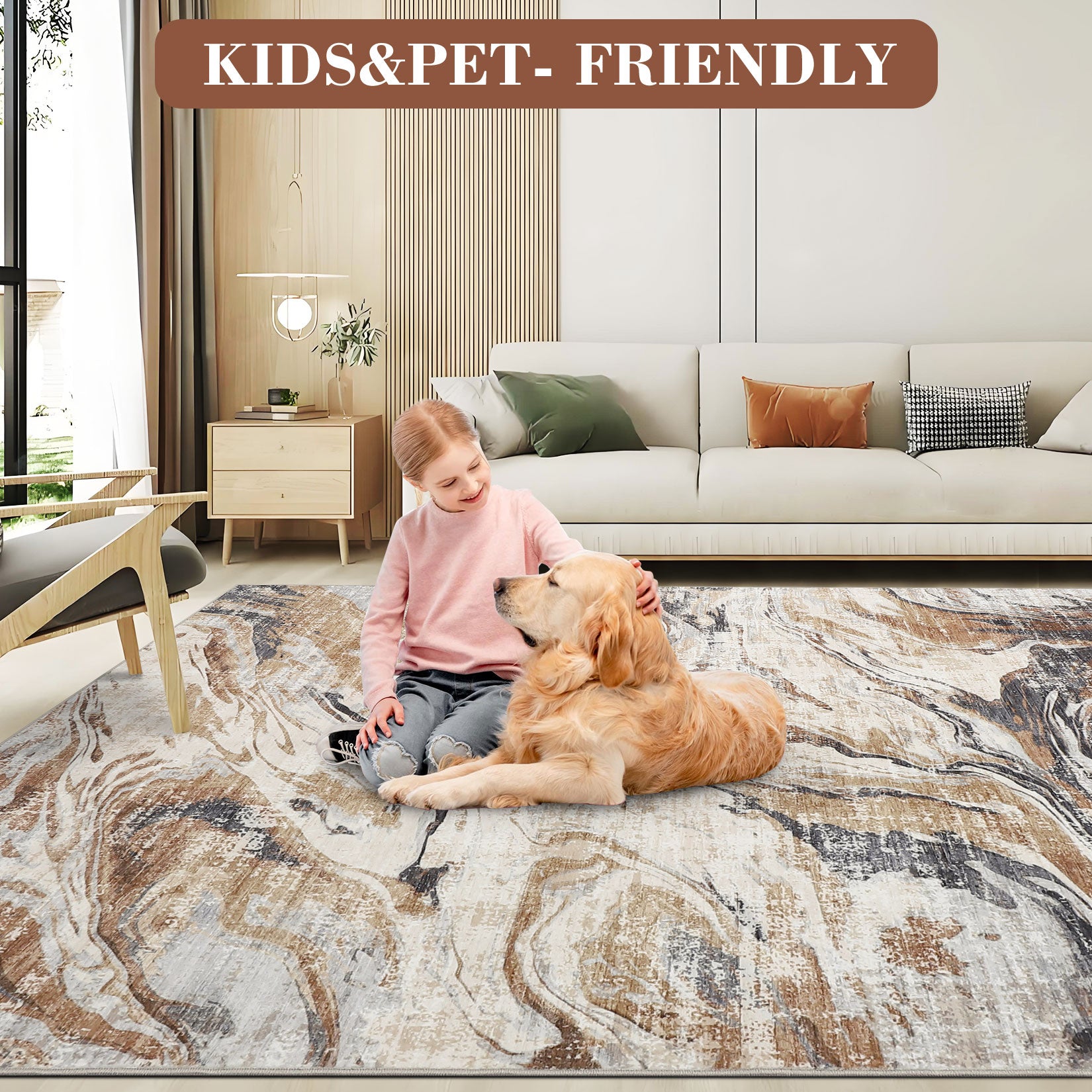 Garvee Area Rug 5x7 Machine Washable Rug for Living Room, Non-Slip Soft Floor Carpet, Low Pile Modern Abstract Rug, Foldable Rug for Bedroom, Dining Room, Kitchen, Brown