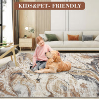 Garvee Area Rug 5x7 Machine Washable Rug for Living Room, Non-Slip Soft Floor Carpet, Low Pile Modern Abstract Rug, Foldable Rug for Bedroom, Dining Room, Kitchen, Brown