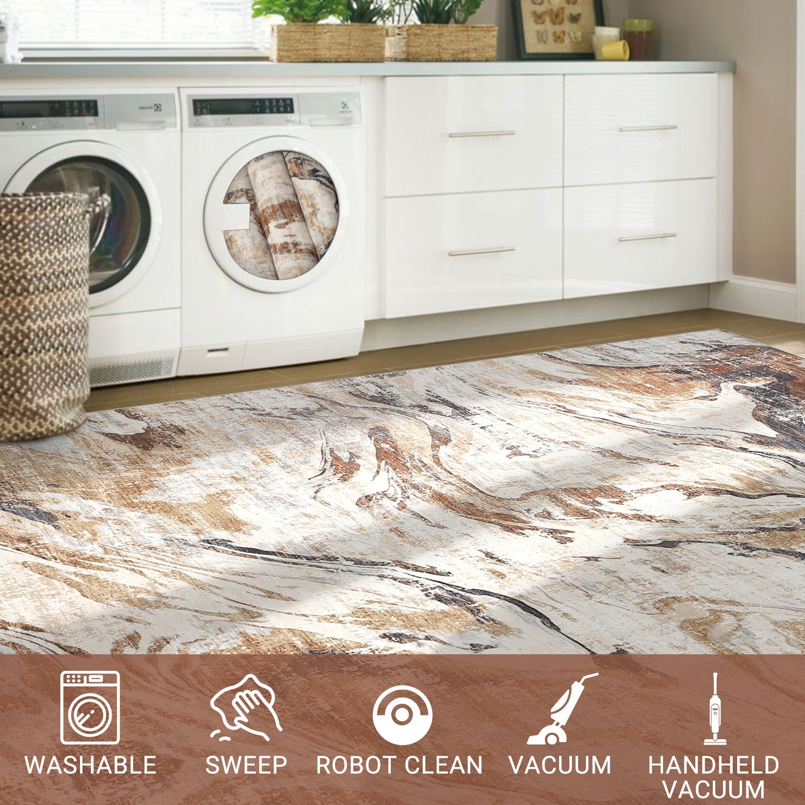 Garvee 2x6 Machine Washable Runner Rug, Non-Slip Floor Carpet, Modern Abstract Bedside Rug, Low Pile Foldable Area Rug, Soft Rug for Entryway, Bathroom, Laundry Room, Brown