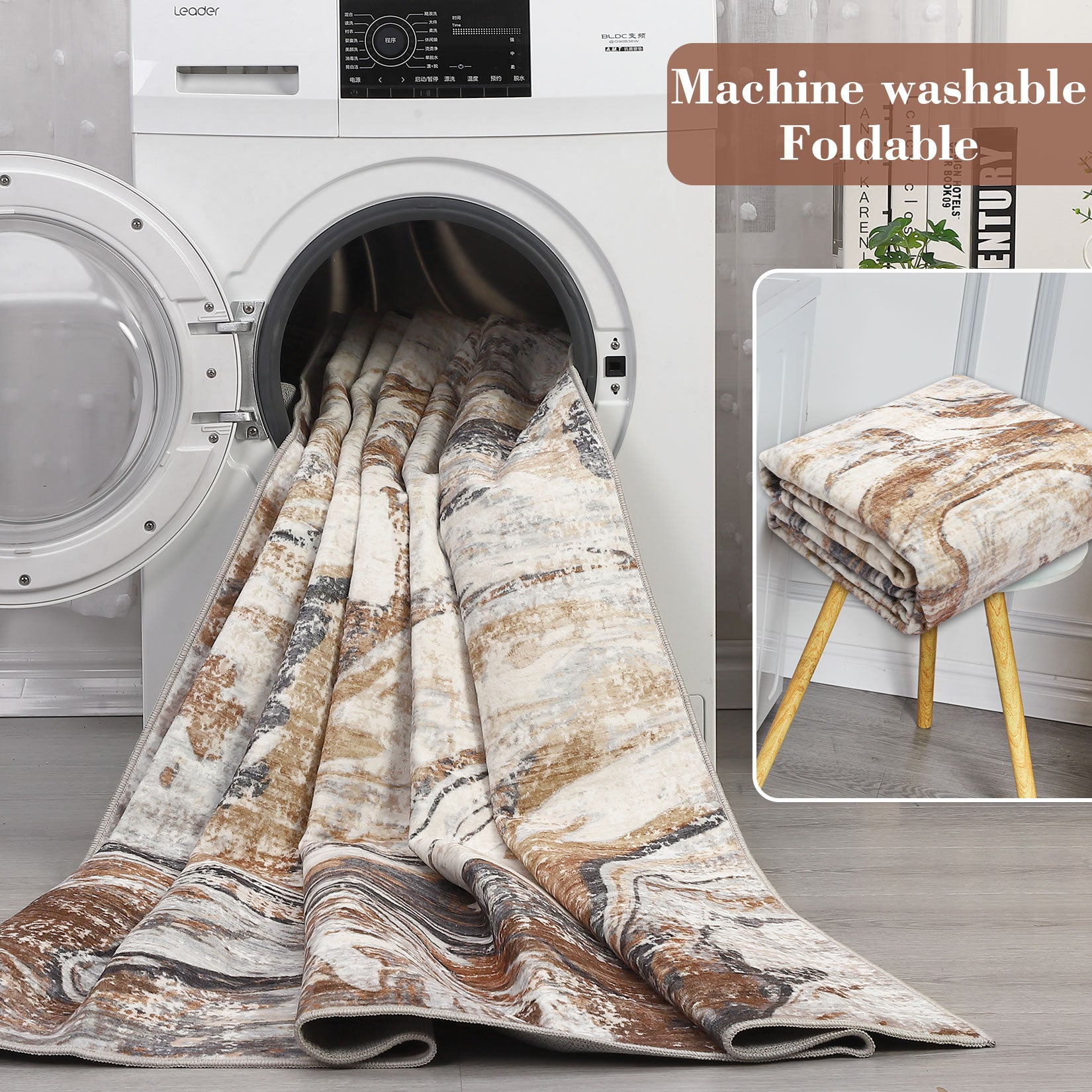 Garvee 2x6 Machine Washable Runner Rug, Non-Slip Floor Carpet, Modern Abstract Bedside Rug, Low Pile Foldable Area Rug, Soft Rug for Entryway, Bathroom, Laundry Room, Brown