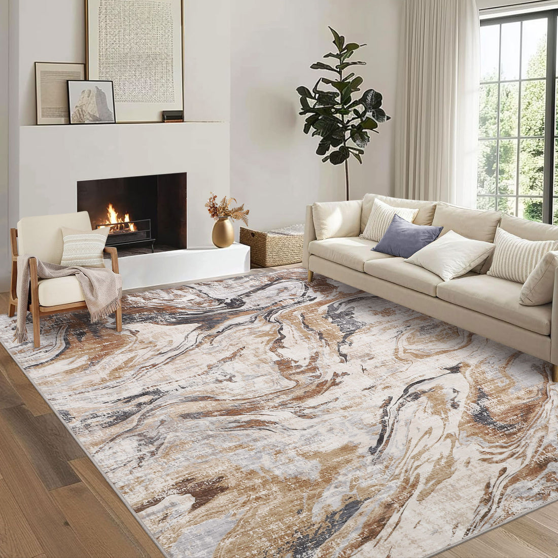 Garvee Area Rug 5x7 Machine Washable Rug for Living Room, Non-Slip Soft Floor Carpet, Low Pile Modern Abstract Rug, Foldable Rug for Bedroom, Dining Room, Kitchen, Brown