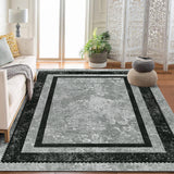 Garvee 10x13 Modern Bordered Area Rug Distressed Gray Rug Non Slip Non Shedding Floor Carpet Soft Low Pile Rug, Large Washable Thin Rug, Foldable Printed Rug for Living Room, Bedroom, Office - Gray