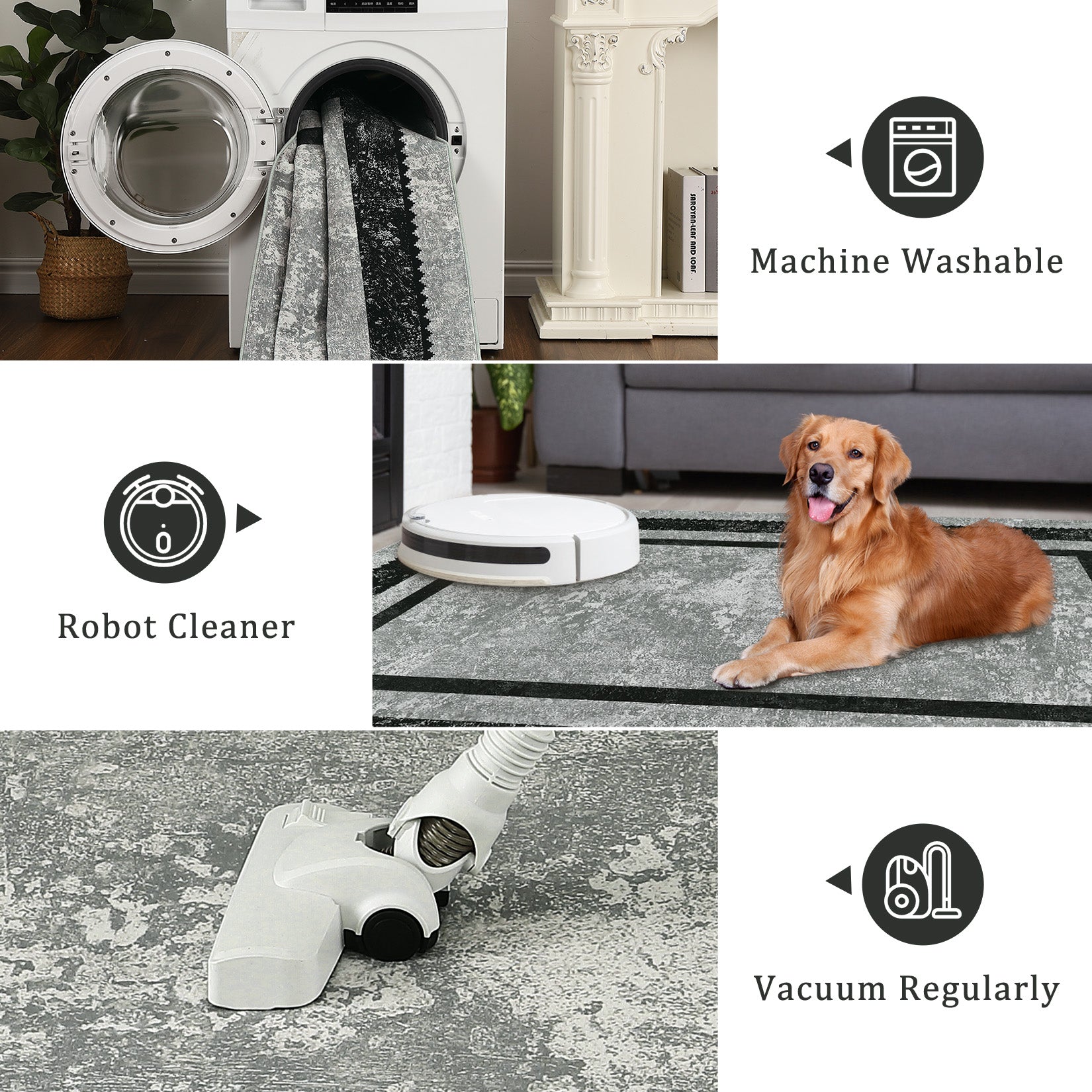 Garvee 8x10 Large Washable Area Rug Modern Bordered Rug Distressed Black Floor Carpet Geometric Rug, Non Slip Non Shedding Rug, Soft Thin Rug, Indoor Low Pile Rug for Living Room, Bedroom