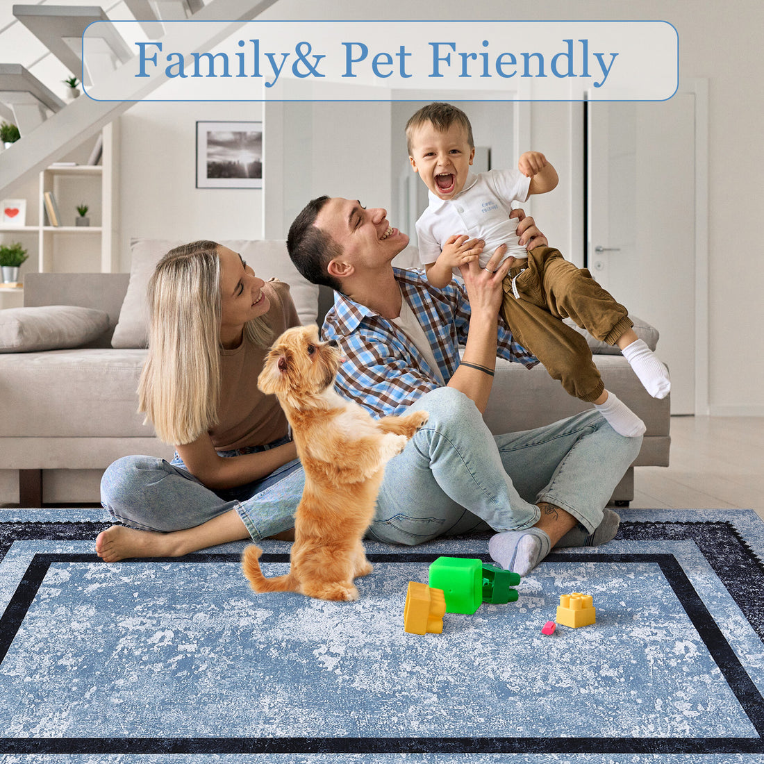 Garvee Modern Bordered Kitchen Runner Rugs Non Skid Washable Non-Slip Ultra-Thin Bathroom Rug Runner, Soft Carpet Runner for Entryway Laundry Room Bedroom Blue 9*12ft