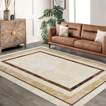 Garvee Modern Bordered Kitchen Runner Rugs Non Skid Washable Non-Slip Ultra-Thin Bathroom Rug Runner, Soft Carpet Runner for Entryway Laundry Room Bedroom Beige 5*7ft