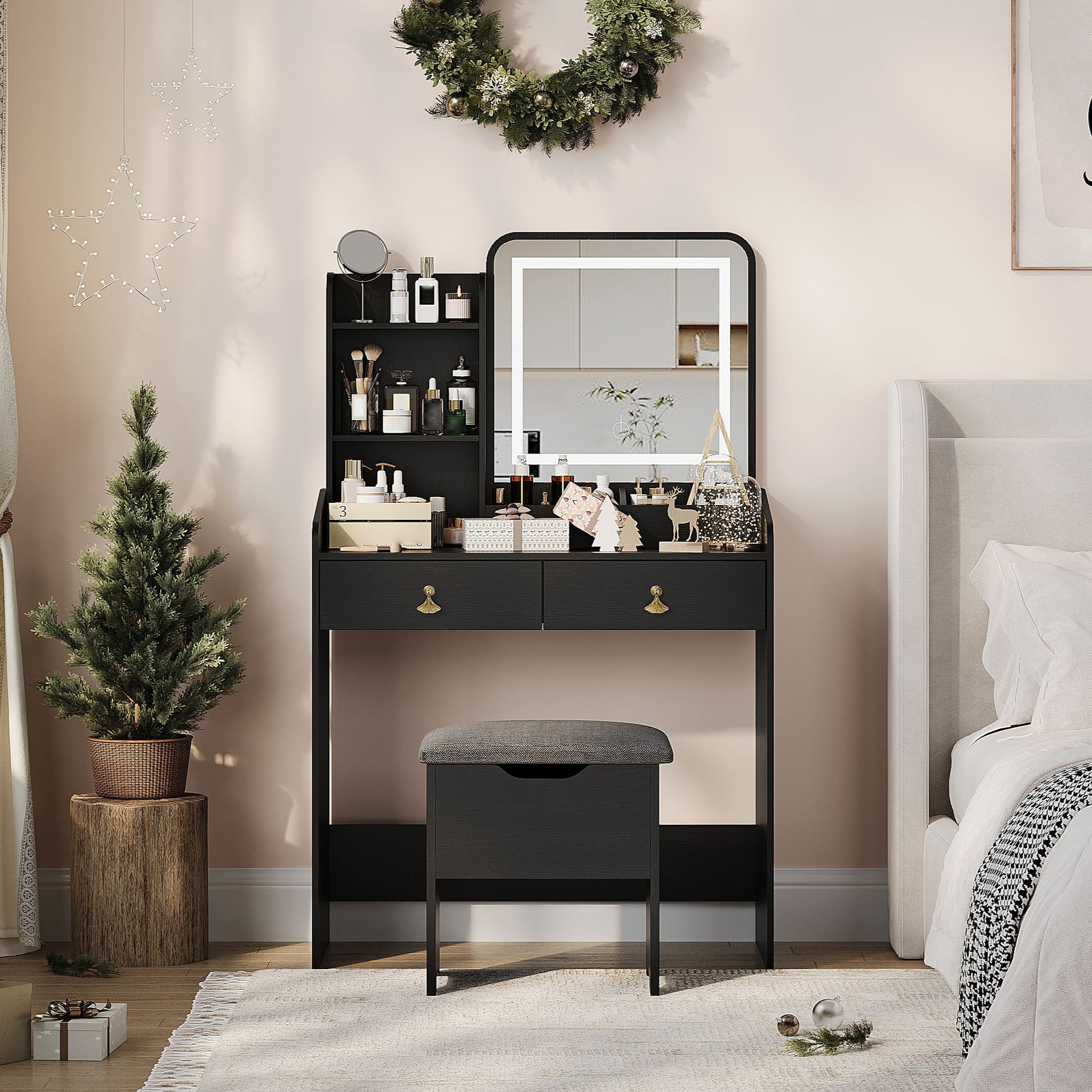 Garvee Small Vanity Desk, Makeup Table with Lighted Mirror and Charging Station, Modern Vanity Table Set with Storage Drawers, Open Shelves and Storage Stool, Ideal for Girls Women, Black