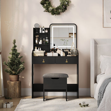 Garvee Small Vanity Desk, Makeup Table with Lighted Mirror and Charging Station, Modern Vanity Table Set with Storage Drawers, Open Shelves and Storage Stool, Ideal for Girls Women, Black