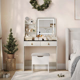 Garvee Small Vanity Desk, Makeup Table with Lighted Mirror and Charging Station, Modern Vanity Table Set with Storage Drawers, Open Shelves and Storage Stool, Ideal for Girls Women, Cream White - Black White Wood Grain