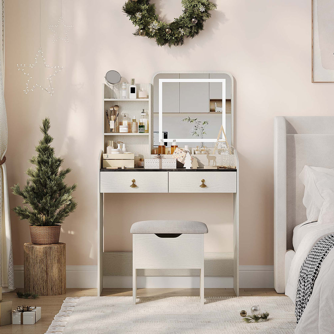 Garvee Small Vanity Desk, Makeup Table with Lighted Mirror and Charging Station, Modern Vanity Table Set with Storage Drawers, Open Shelves and Storage Stool, Ideal for Girls Women, Grey