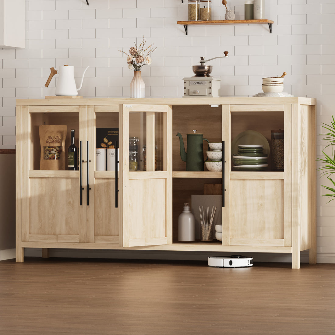 Garvee Sideboard Buffet Cabinet with 4 Glass Doors, 55" Large Buffet Cabinet with Storage, Modern Farmhouse Storage Cabinet Table for Kitchen Dining Room, Living Room, Wood