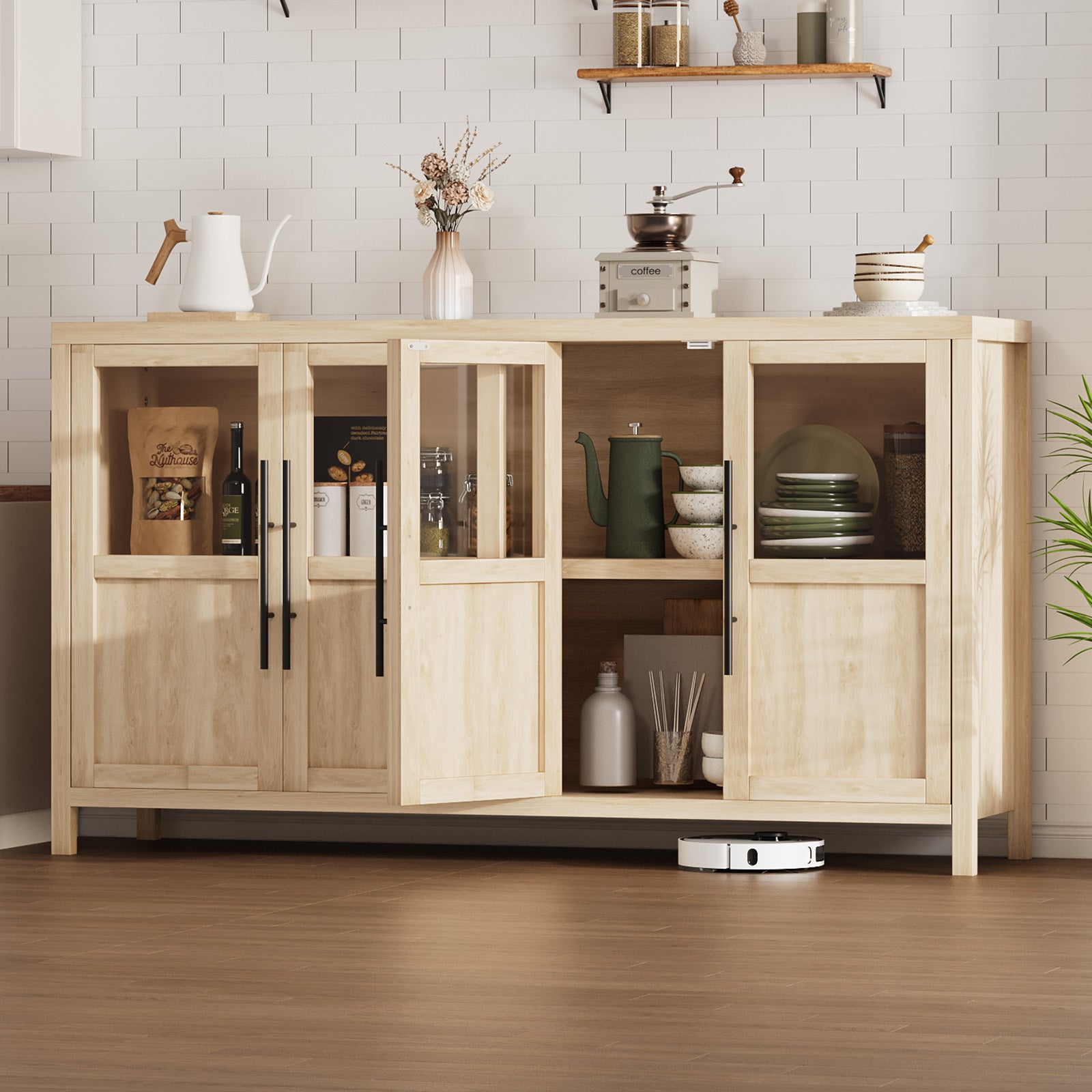 Garvee Sideboard Buffet Cabinet with 4 Glass Doors, 55" Large Buffet Cabinet with Storage, Modern Farmhouse Storage Cabinet Table for Kitchen Dining Room, Living Room, Pear Wood