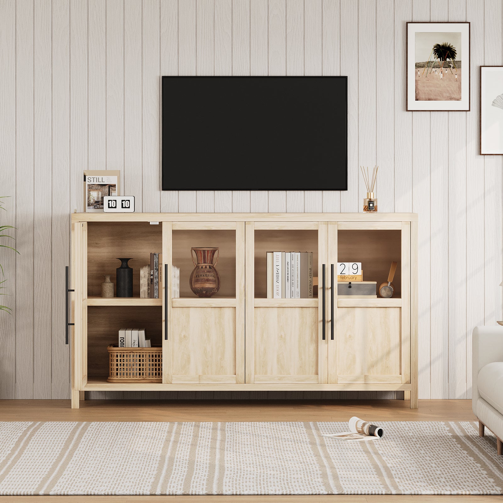 Garvee Sideboard Buffet Cabinet with 4 Glass Doors, 55" Large Buffet Cabinet with Storage, Modern Farmhouse Storage Cabinet Table for Kitchen Dining Room, Living Room, Pear Wood