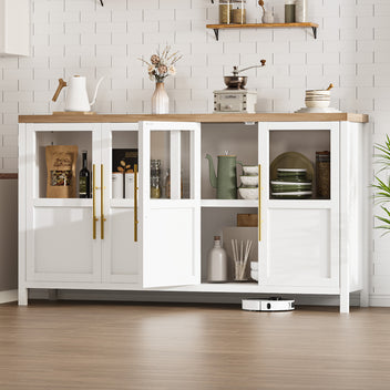 Garvee Sideboard Buffet Cabinet with 4 Glass Doors, 55" Large Buffet Cabinet with Storage, Modern Farmhouse Storage Cabinet Table for Kitchen Dining Room, Living Room , White