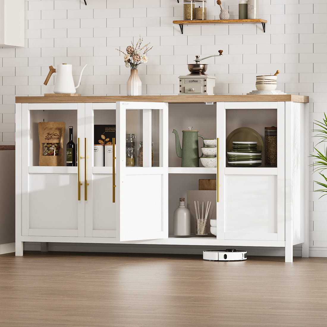 Garvee Sideboard Buffet Cabinet with 4 Glass Doors, 55" Large Buffet Cabinet with Storage, Modern Farmhouse Storage Cabinet Table for Kitchen Dining Room, Living Room , White