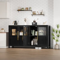 Garvee Sideboard Buffet Cabinet with 4 Glass Doors, 55" Large Buffet Cabinet with Storage, Modern Farmhouse Storage Cabinet Table for Kitchen Dining Room, Living Room, Black