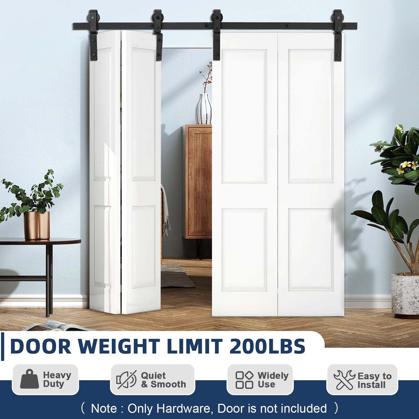 Garvee 52 in Bifold Sliding Barn Door Hardware Track Kit, Side Mounted Black Roller, Smoothly and Quietly, Easy Install, Heavy Duty, Up to 400 LBS, Bifold Door Hardware for 4 Doors (Door Not Included)