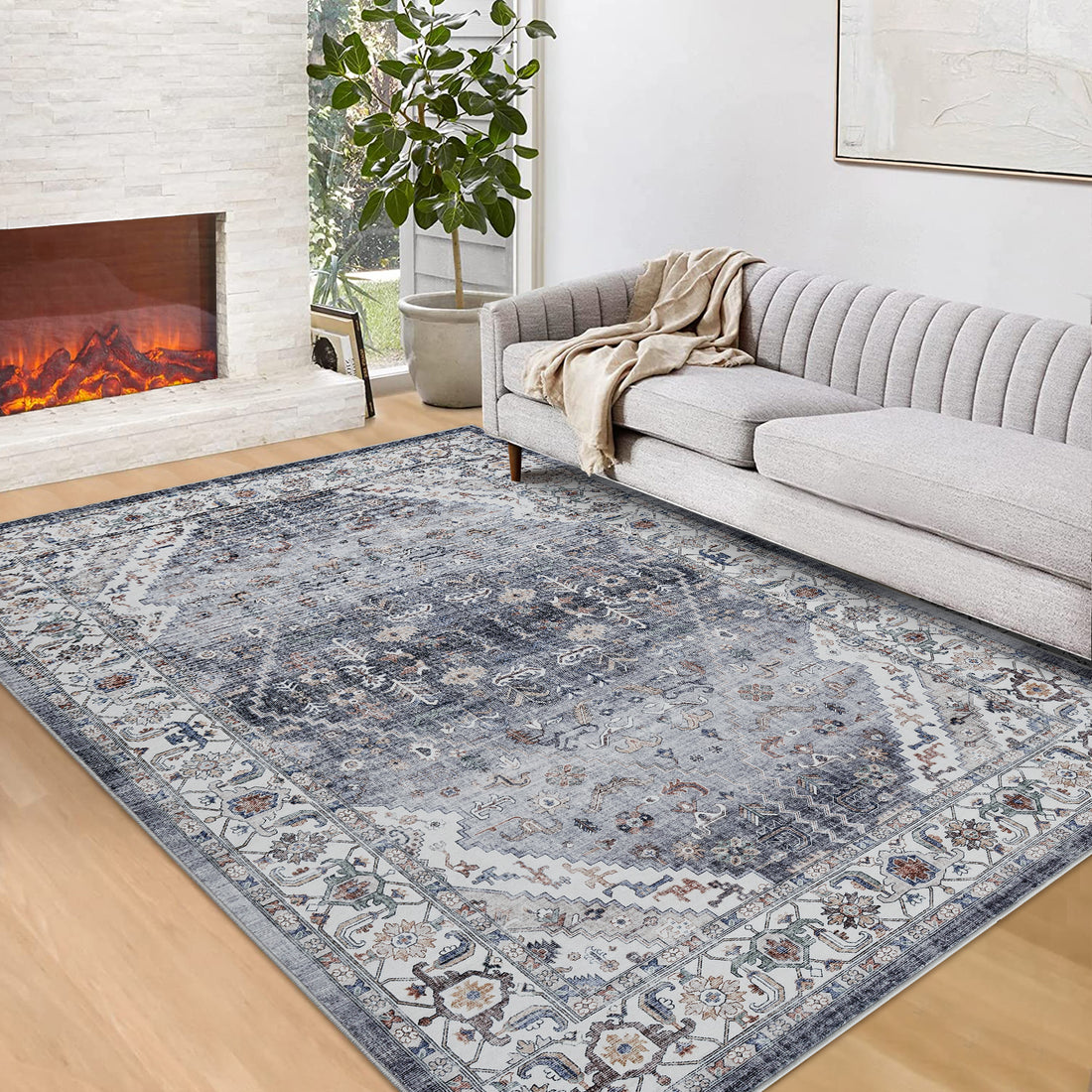 Garvee Persian Grey 9x12 Area Rugs for Living Room Print Distressed Indoor Floor Rug Washable Rug Non Slip Vintage Rug for Bedroom Dining Room