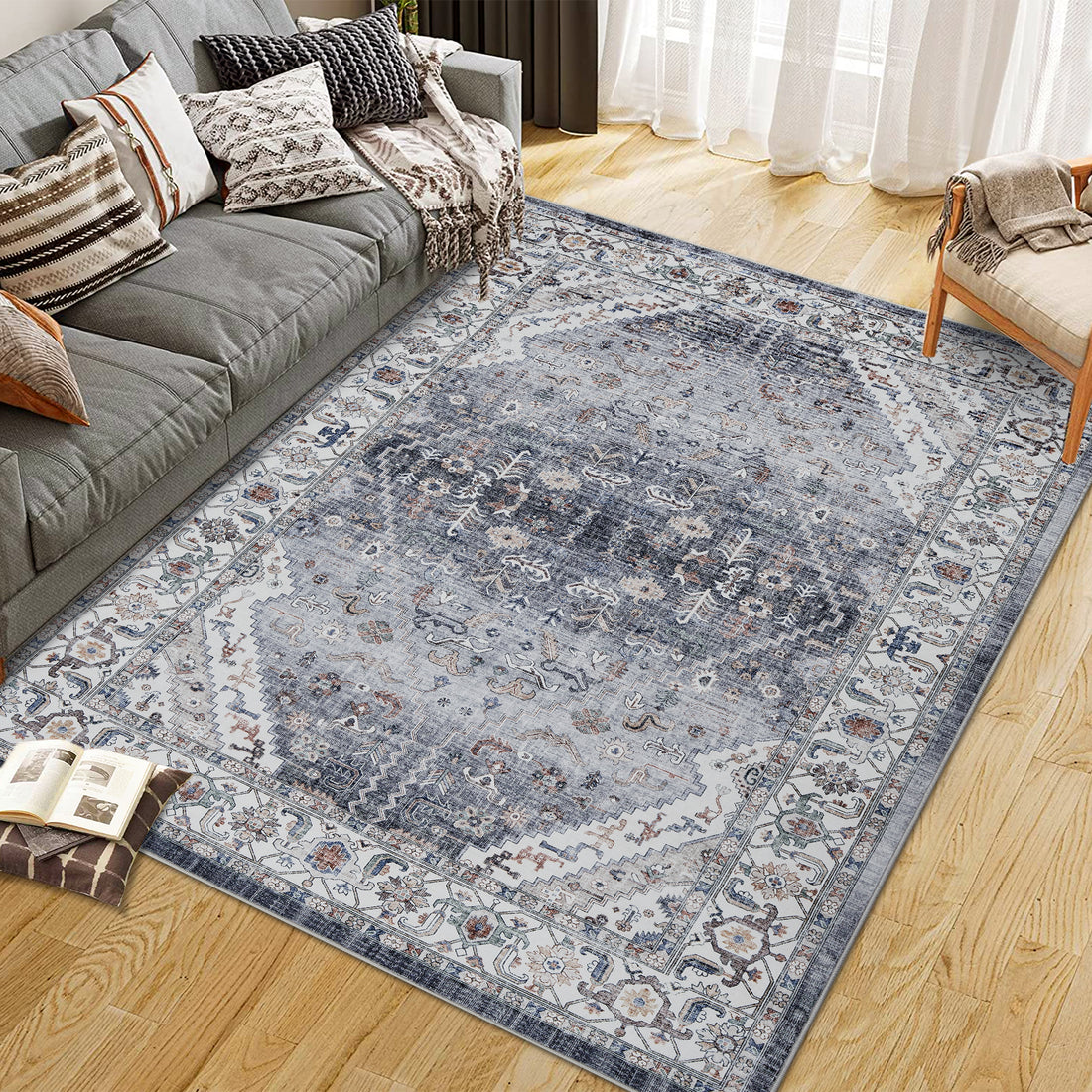 Garvee Persian Grey 9x12 Area Rugs for Living Room Print Distressed Indoor Floor Rug Washable Rug Non Slip Vintage Rug for Bedroom Dining Room