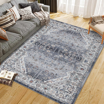 Garvee Persian Grey 9x12 Area Rugs for Living Room Print Distressed Indoor Floor Rug Washable Rug Non Slip Vintage Rug for Bedroom Dining Room