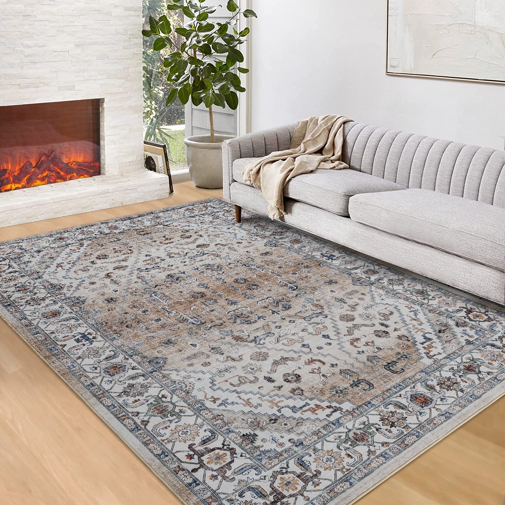 Garvee Persian Light Brown 9x12 Area Rugs for Living Room Print Distressed Indoor Floor Rug Washable Rug Non Slip Vintage Rug for Bedroom Dining Room