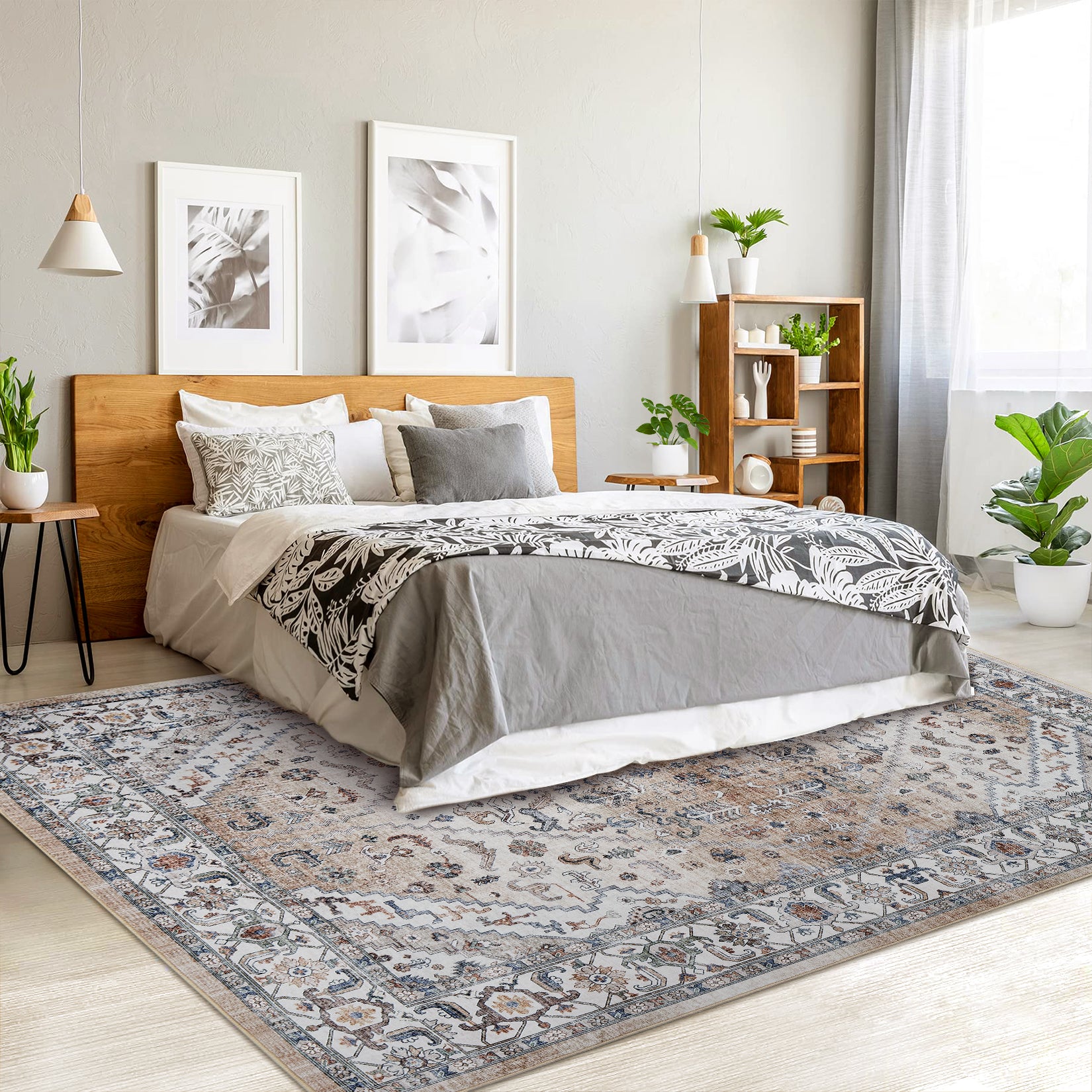 Garvee Persian Light Brown 9x12 Area Rugs for Living Room Print Distressed Indoor Floor Rug Washable Rug Non Slip Vintage Rug for Bedroom Dining Room