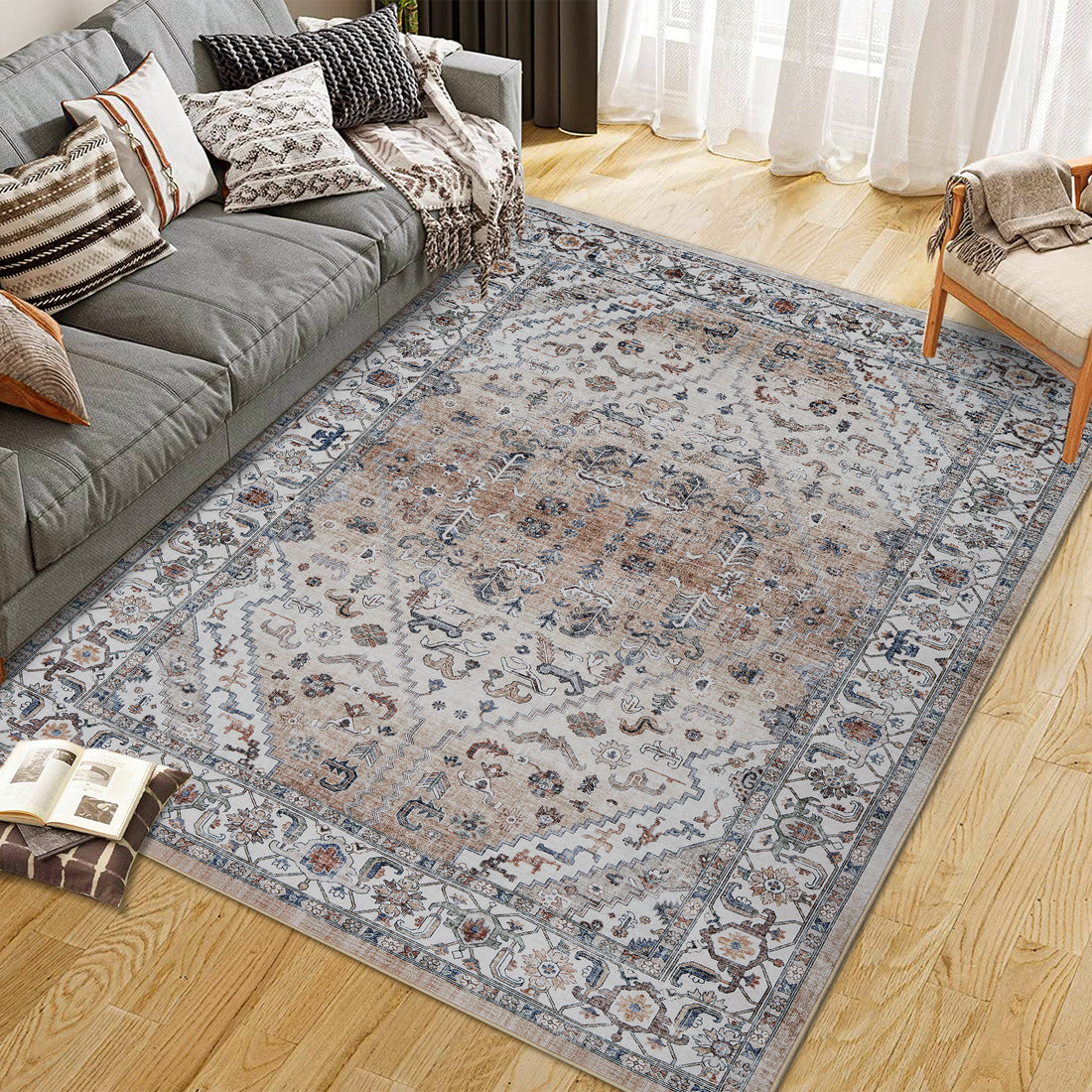 Garvee Persian Light Brown 9x12 Area Rugs for Living Room Print Distressed Indoor Floor Rug Washable Rug Non Slip Vintage Rug for Bedroom Dining Room