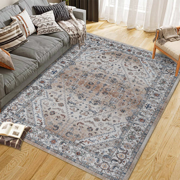 Garvee Persian Light Brown 9x12 Area Rugs for Living Room Print Distressed Indoor Floor Rug Washable Rug Non Slip Vintage Rug for Bedroom Dining Room