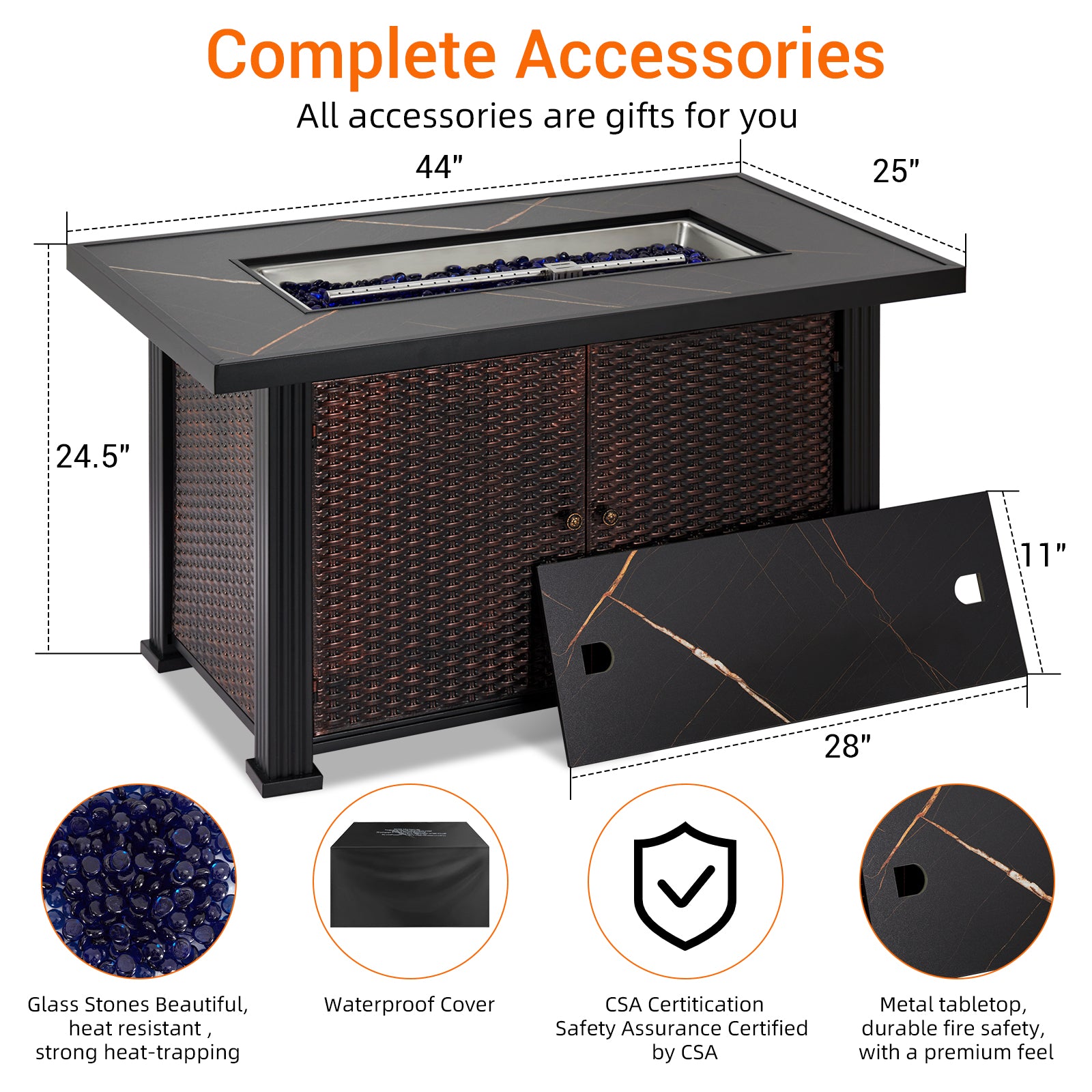 Garvee 44″ Propane Fire Pit Table, 50000 BTU Fire Table with Ignition System,Outdoor Fire Table with Glass Rocks, Brown