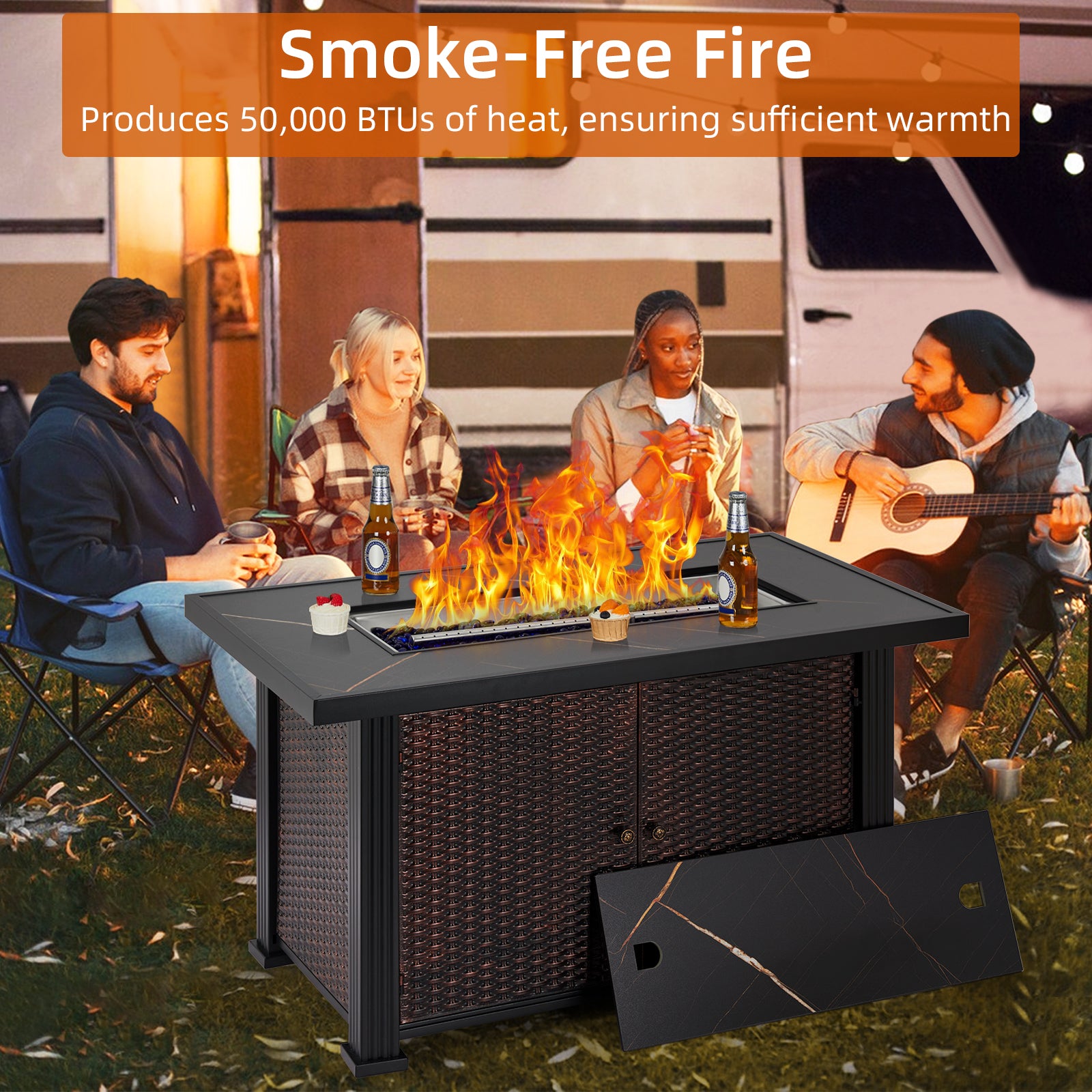 Garvee 44″ Propane Fire Pit Table, 50000 BTU Fire Table with Ignition System,Outdoor Fire Table with Glass Rocks, Brown