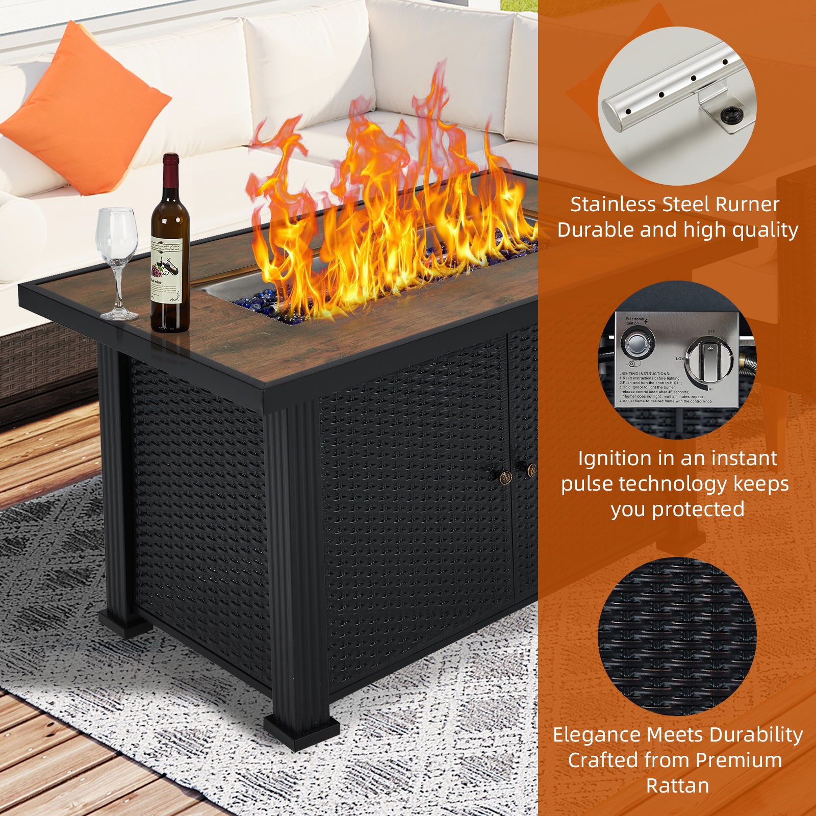 Garvee 44″ Propane Fire Pit Table, 50000 BTU Fire Table with Ignition System,Outdoor Fire Table with Glass Rocks, Black