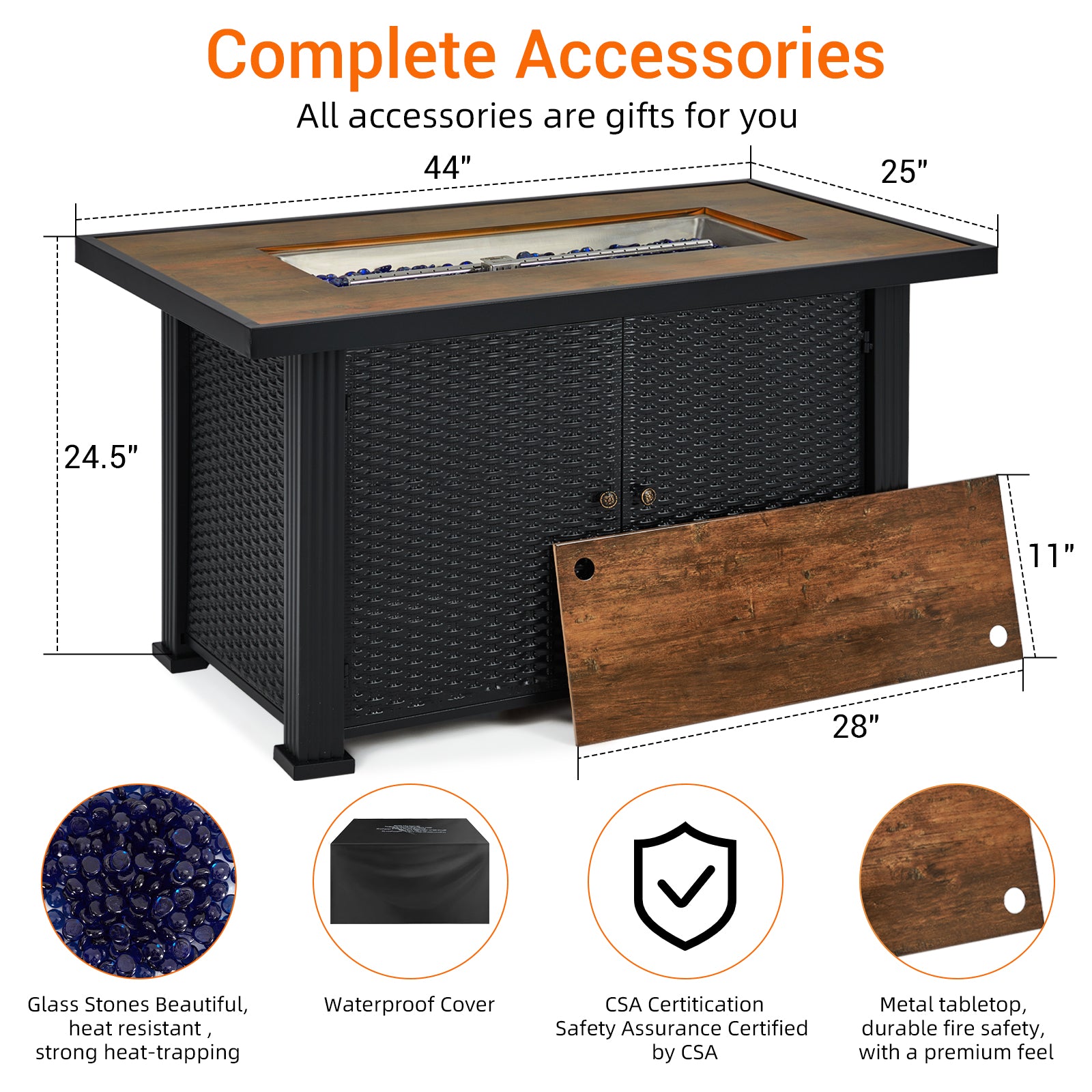 Garvee 44″ Propane Fire Pit Table, 50000 BTU Fire Table with Ignition System,Outdoor Fire Table with Glass Rocks, Black