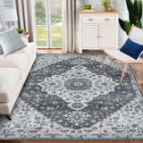 Garvee Large Living Room Rug 9x12 Washable Rug, Non Slip Non-Shedding Vintage Carpet, Low Pile Oriental Medallion Floral Printed Rug, Soft Foldable Rug for Bedroom, Gray - Gray