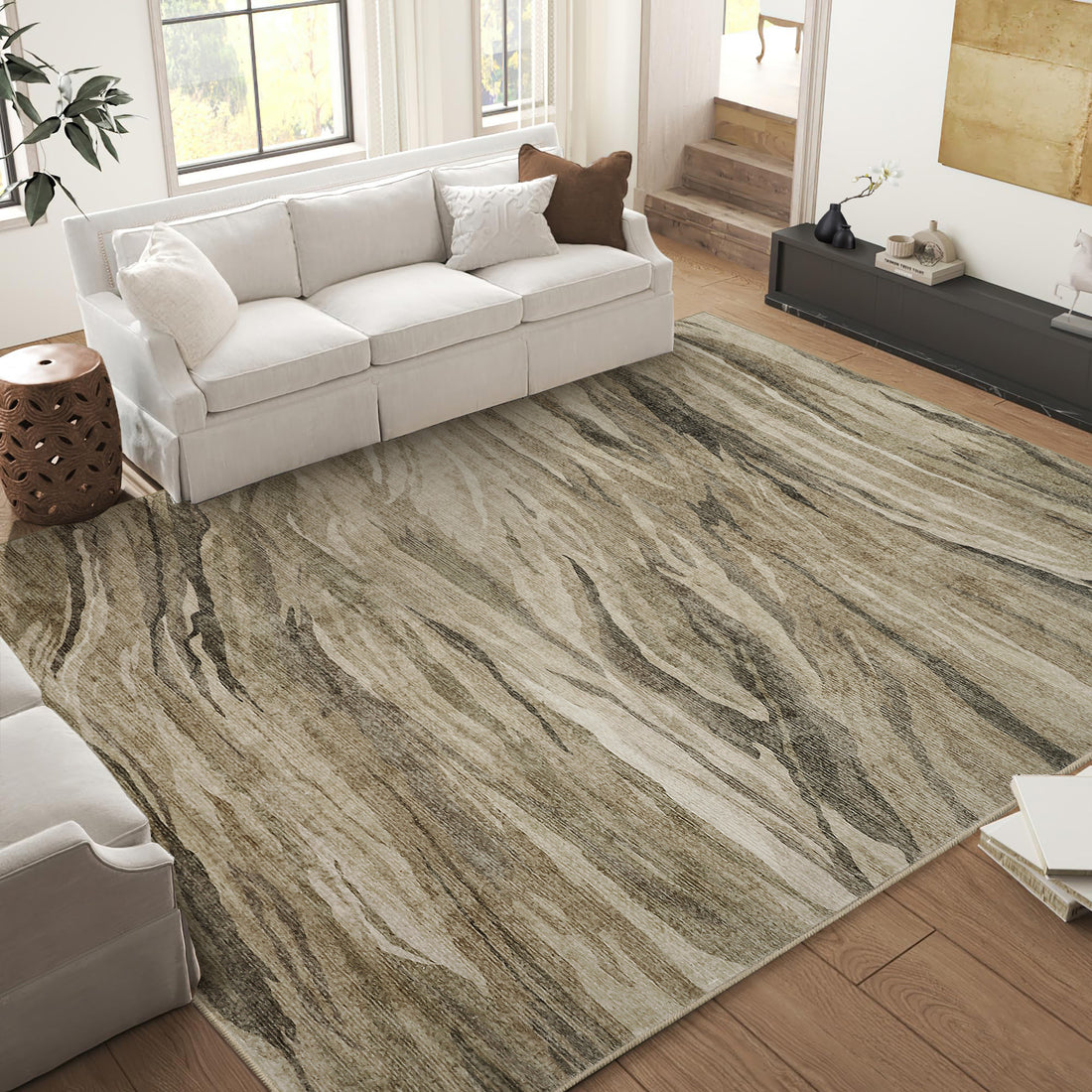 Garvee Abstract Taupe 9x12 Washable Area Rug, Large Machine Modern Accent Rug Stain Resistant Non-Slip Carpet Floor Cover Rug for Living Room Home Decor