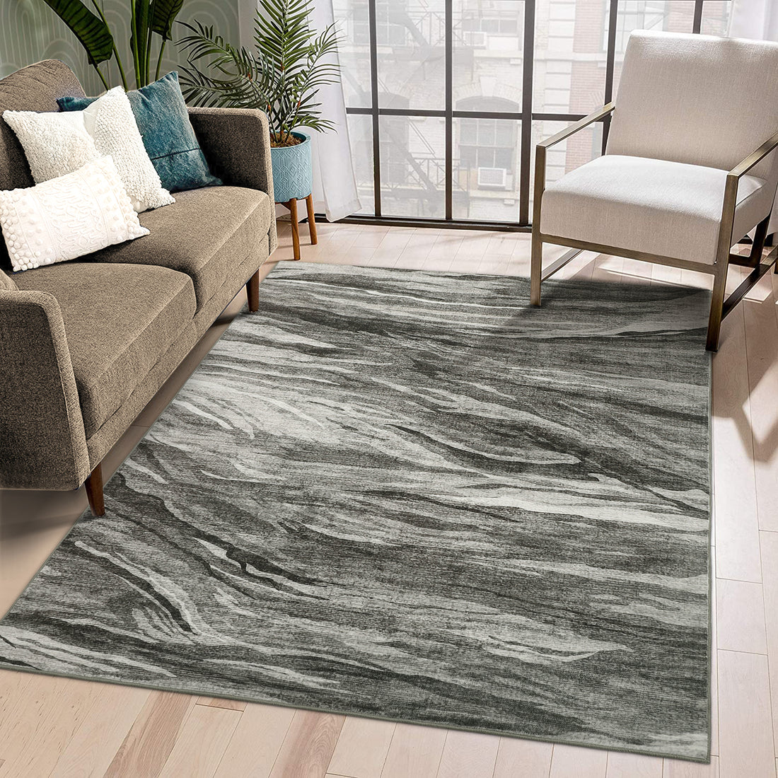 Garvee 9x12 Abstract Area Rug Large Machine Washable Area Rug Modern Accent Rug Stain Resistant Non-Slip Carpet Floor Cover Rug for Living Room Home Decor, Grey