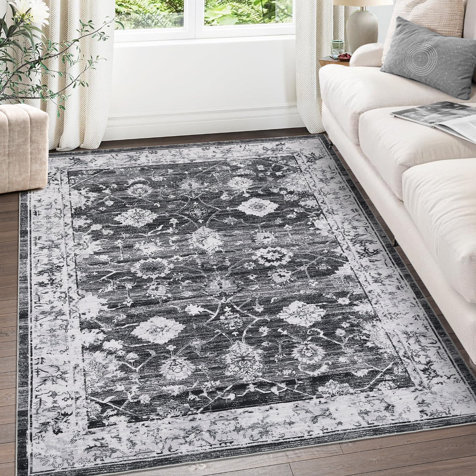 Garvee Washable Rug 8x10 Area Rug Large Vintage Distressed Area Rug Stain Resistant Non-Slip Accent Rug Traditional Floral Medallion Floor Cover Carpet Rug for Living Room Decor, Grey