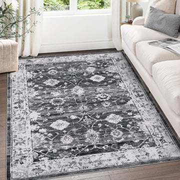 Garvee Washable Rug 8x10 Area Rug Large Vintage Distressed Area Rug Stain Resistant Non-Slip Accent Rug Traditional Floral Medallion Floor Cover Carpet Rug for Living Room Decor, Grey