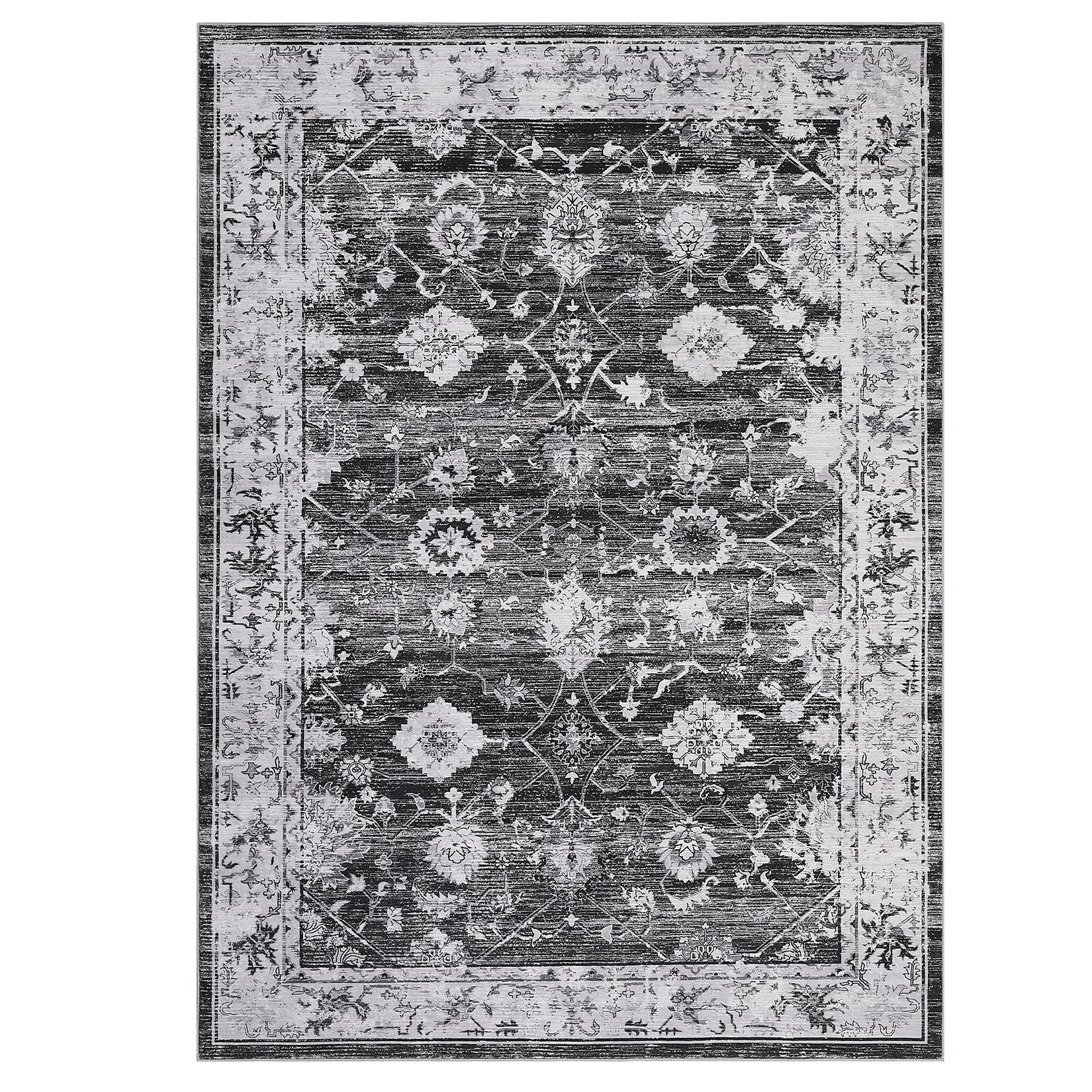 Garvee Washable Rug 8x10 Area Rug Large Vintage Distressed Area Rug Stain Resistant Non-Slip Accent Rug Traditional Floral Medallion Floor Cover Carpet Rug for Living Room Decor, Grey